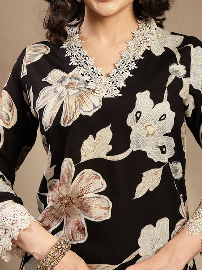 Black Floral Printed Rayon Straight Kurta Pant Dupatta Set