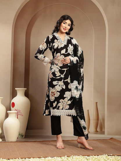 Black Floral Printed Rayon Straight Kurta Pant Dupatta Set (Pre-Order)