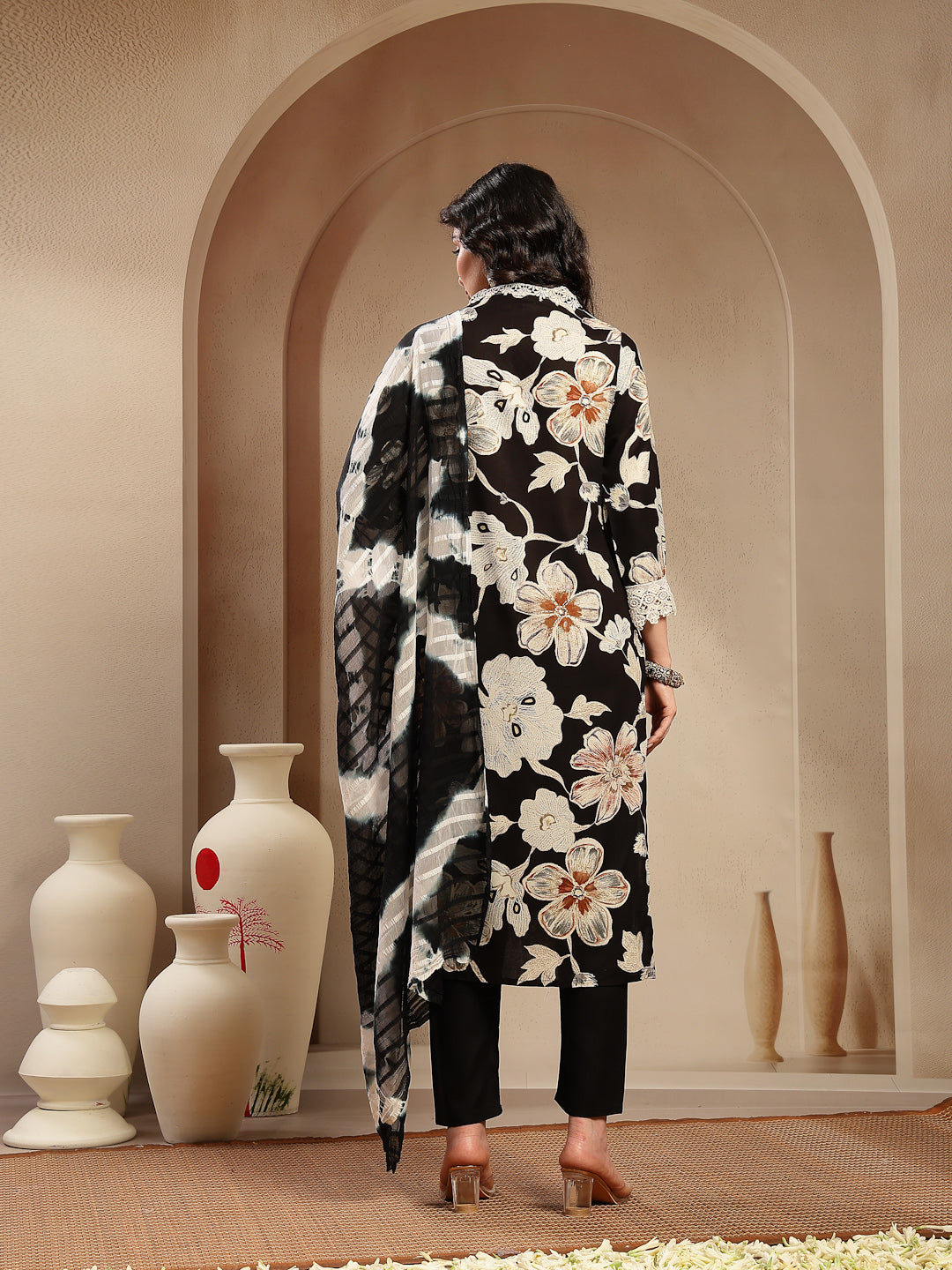 Black Floral Printed Rayon Straight Kurta Pant Dupatta Set (Pre-Order)