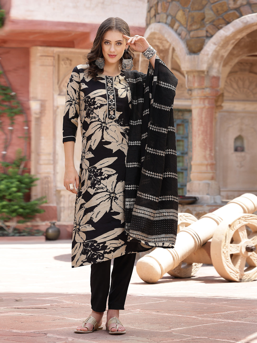 Black Tropical Printed Muslin Straight Silk Kurta Pant Dupatta Set (Pre-Order)