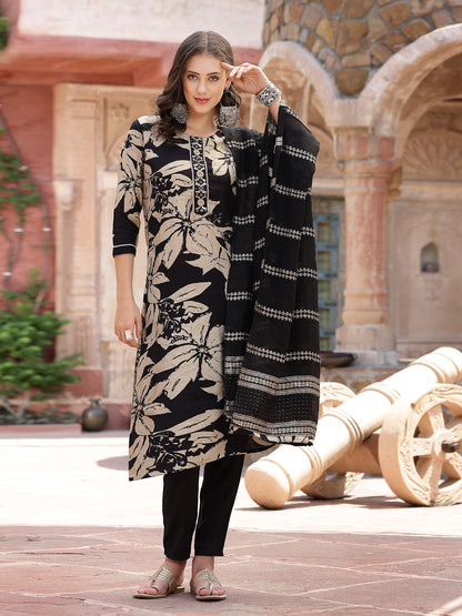 Black Tropical Printed Muslin Straight Silk Kurta Pant Dupatta Set (Pre-Order)