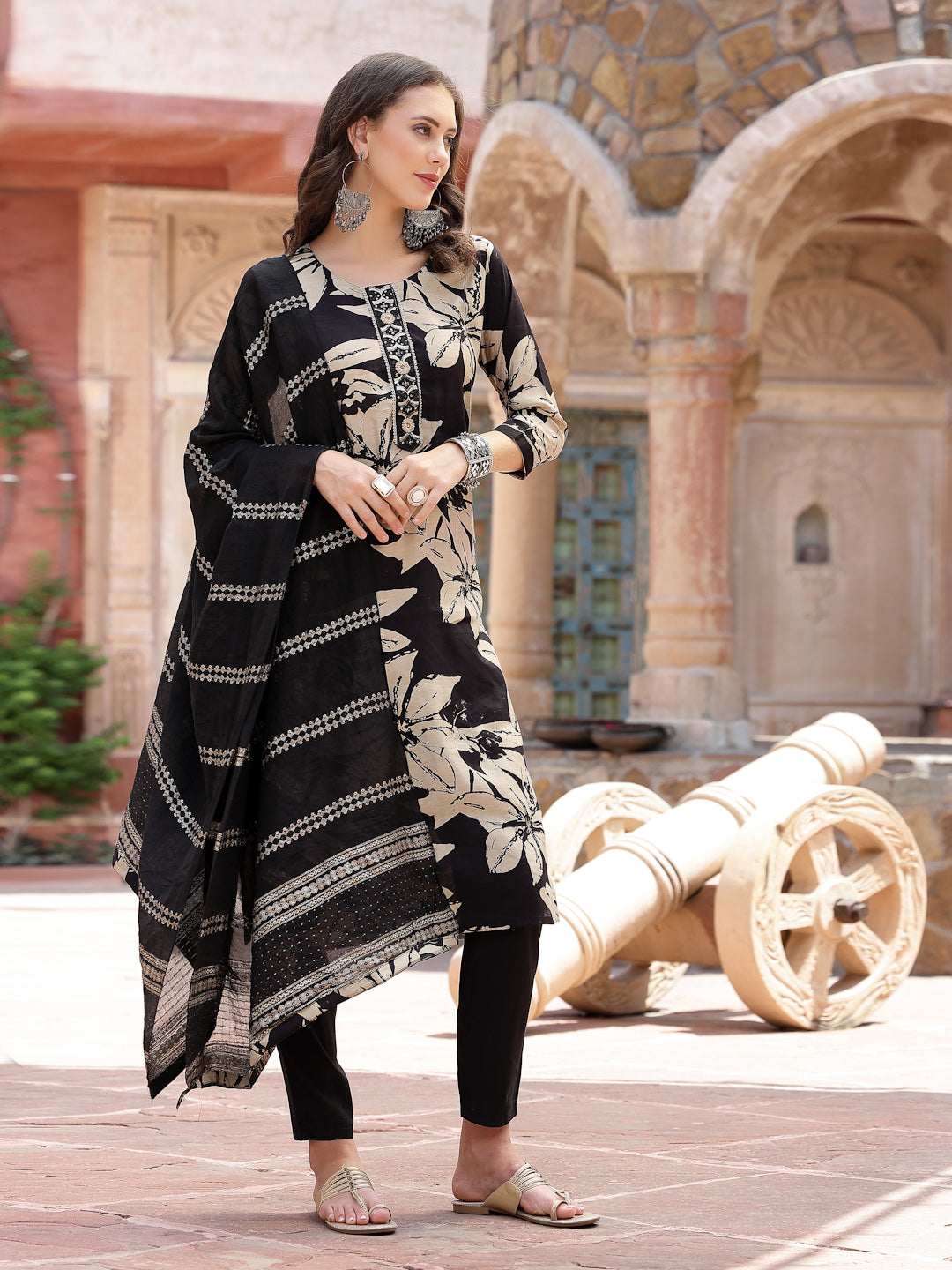 Black Tropical Printed Muslin Straight Silk Kurta Pant Dupatta Set (Pre-Order)