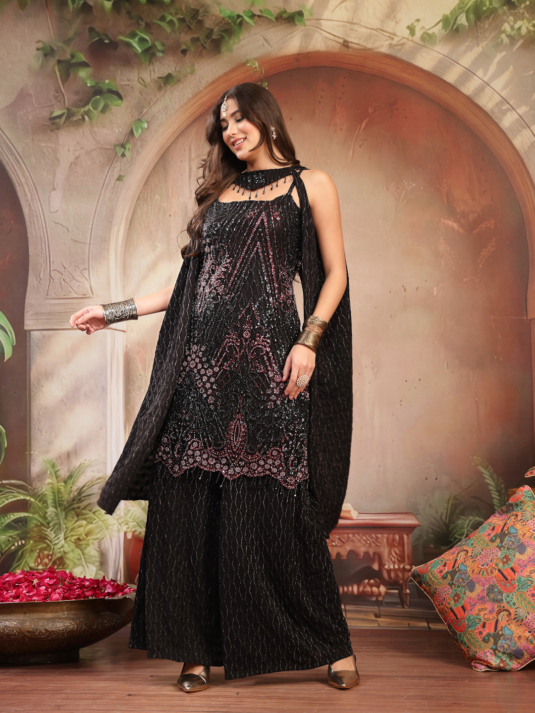 Solid &amp; Embroidered Wool Blend Straight Kurti Palazzo Dupatta Set