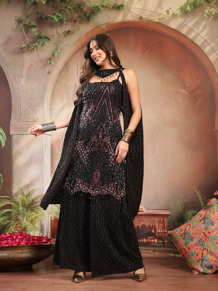Solid &amp; Embroidered Wool Blend Straight Kurti Palazzo Dupatta Set