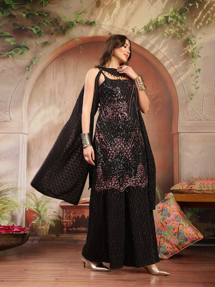 Solid &amp; Embroidered Wool Blend Straight Kurti Palazzo Dupatta Set