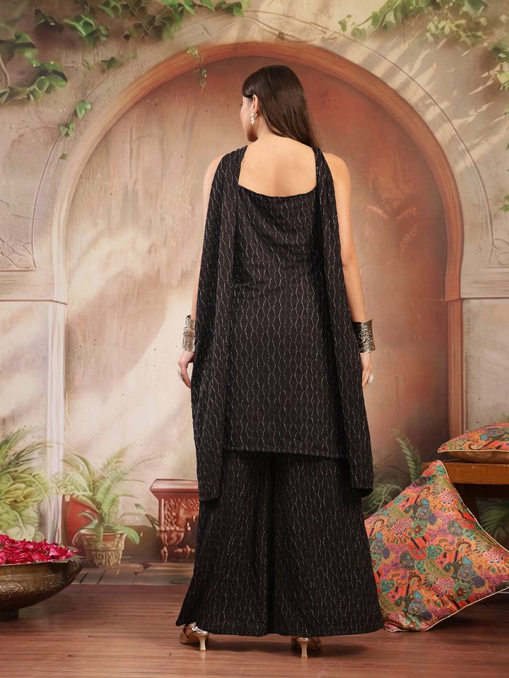 Solid &amp; Embroidered Wool Blend Straight Kurti Palazzo Dupatta Set