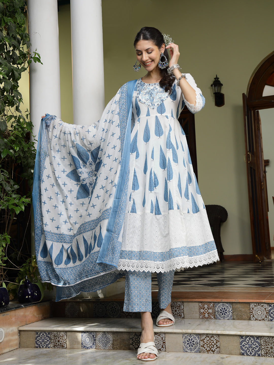 Blue Ethnic Printed & Embroidered Cotton Anarkali Kurta Pant Dupatta Set