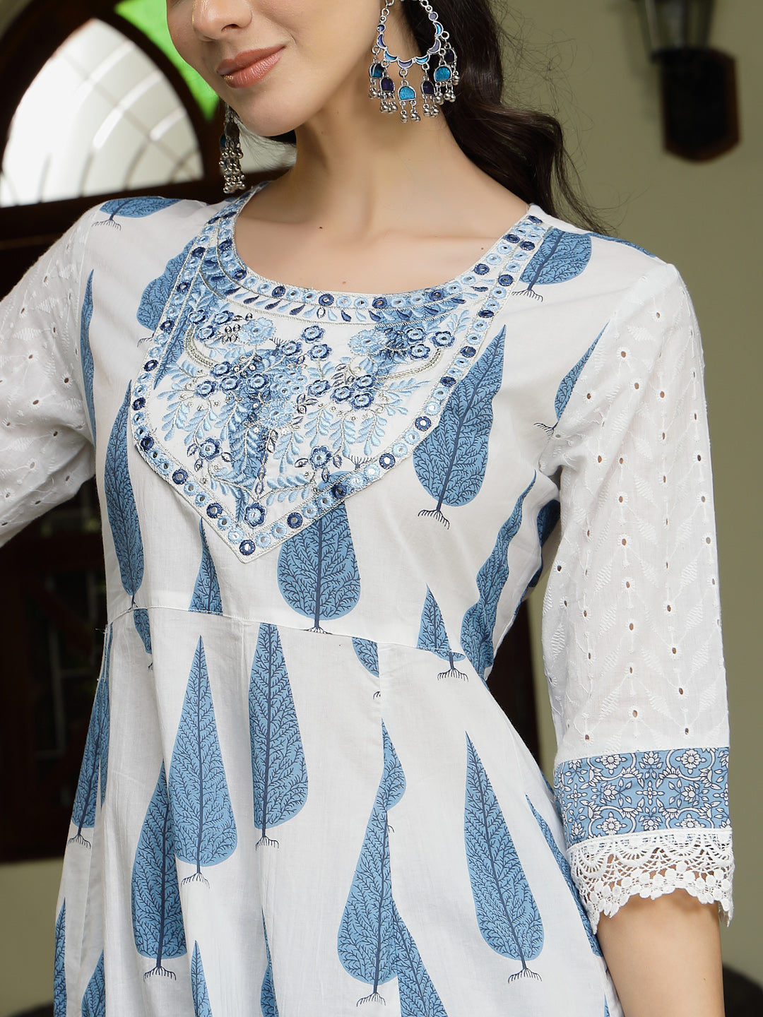 Blue Ethnic Printed & Embroidered Cotton Anarkali Kurta Pant Dupatta Set