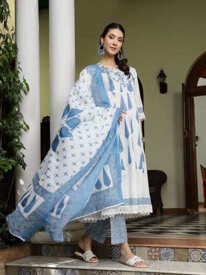 Blue Ethnic Printed & Embroidered Cotton Anarkali Kurta Pant Dupatta Set