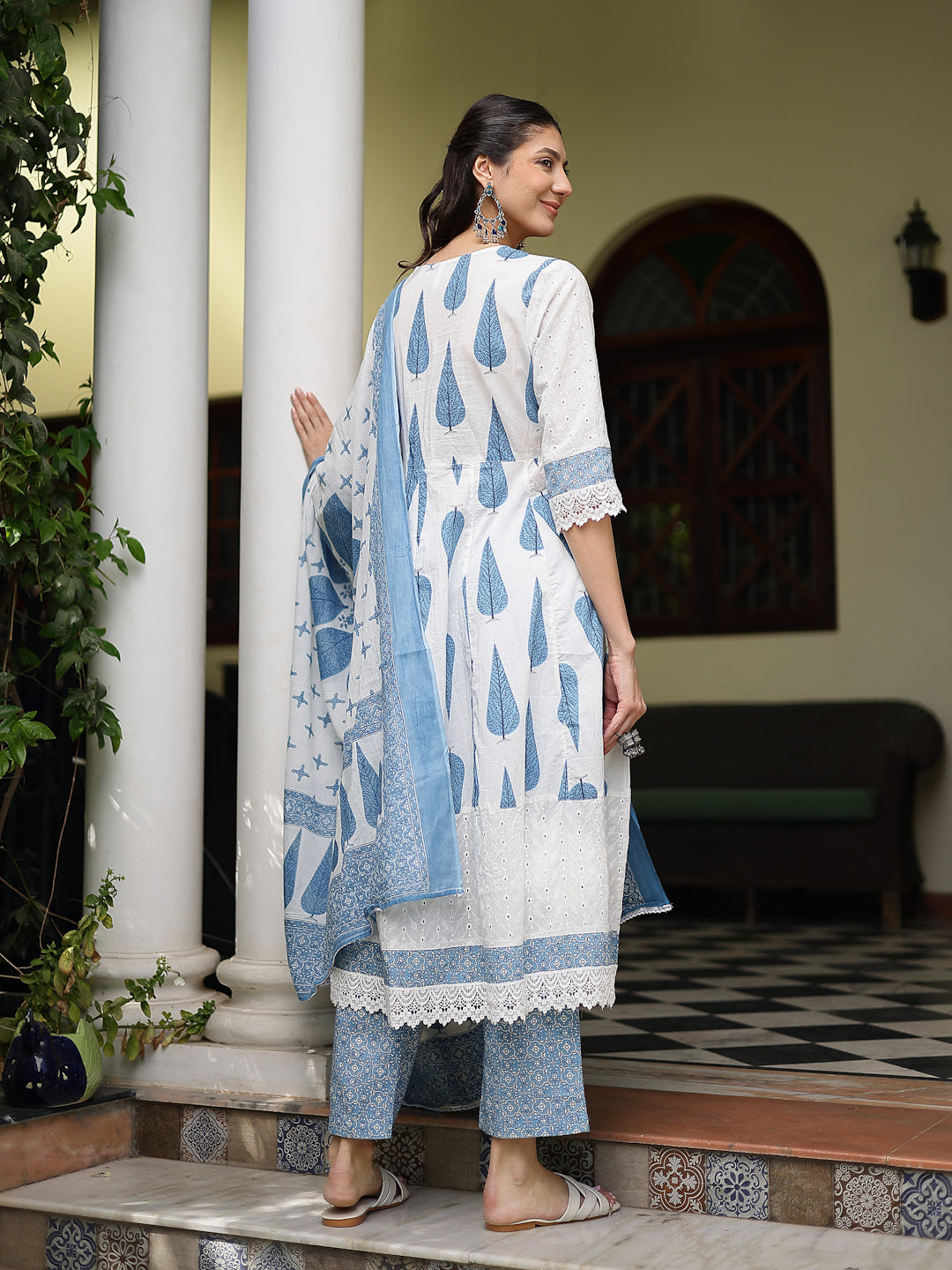 Blue Ethnic Printed & Embroidered Cotton Anarkali Kurta Pant Dupatta Set