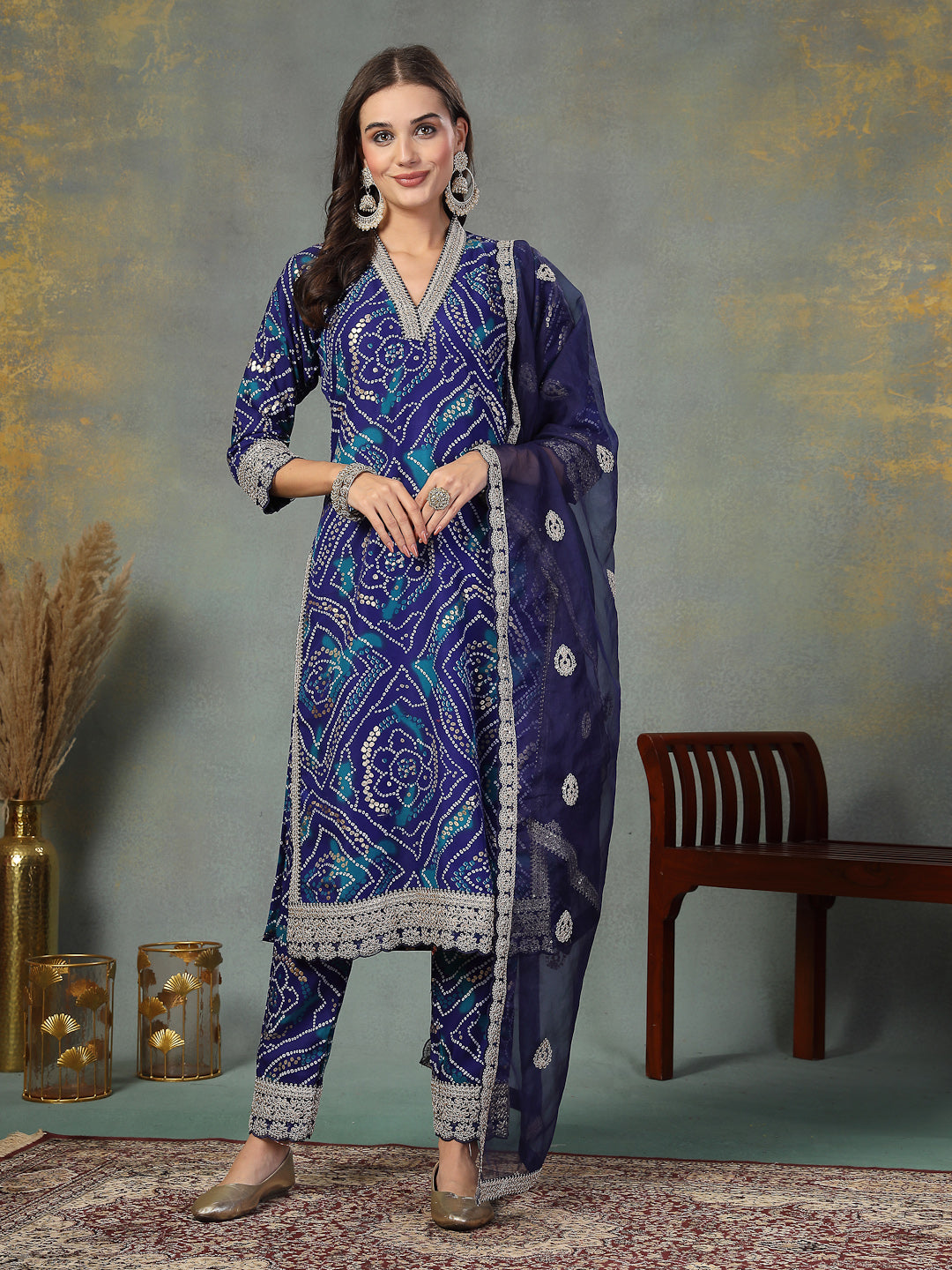 Blue Bandhani Print & Embroidered Muslin Straight Kurta Pant Dupatta Set