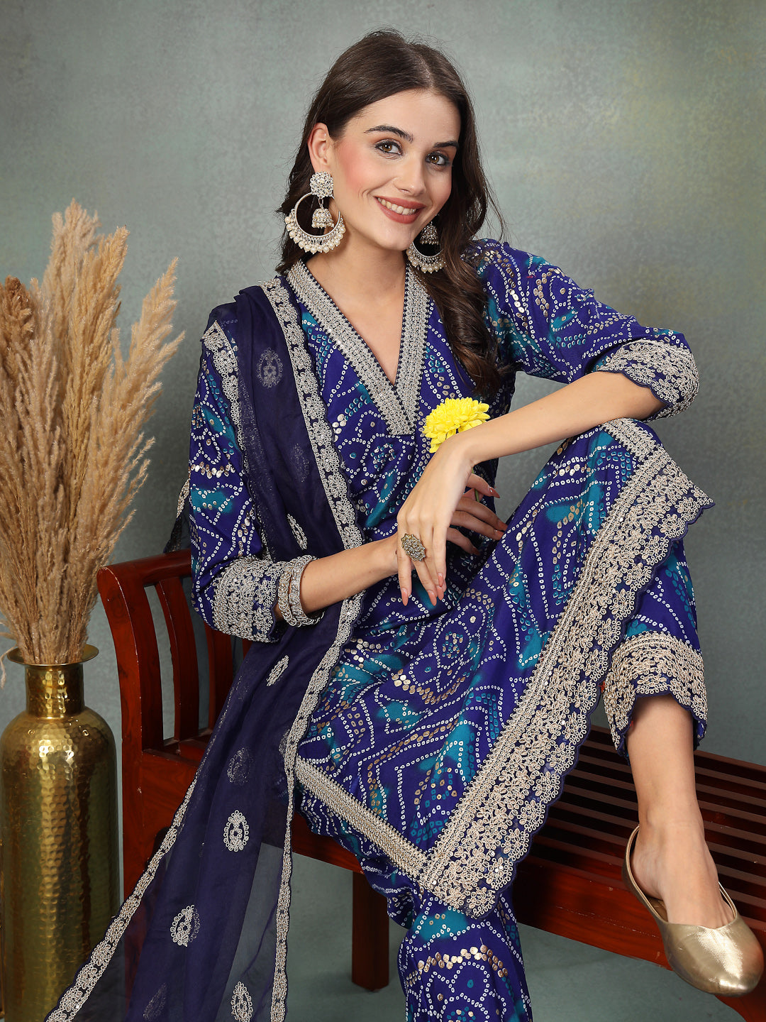 Blue Bandhani Print & Embroidered Muslin Straight Kurta Pant Dupatta Set (Pre-Order)