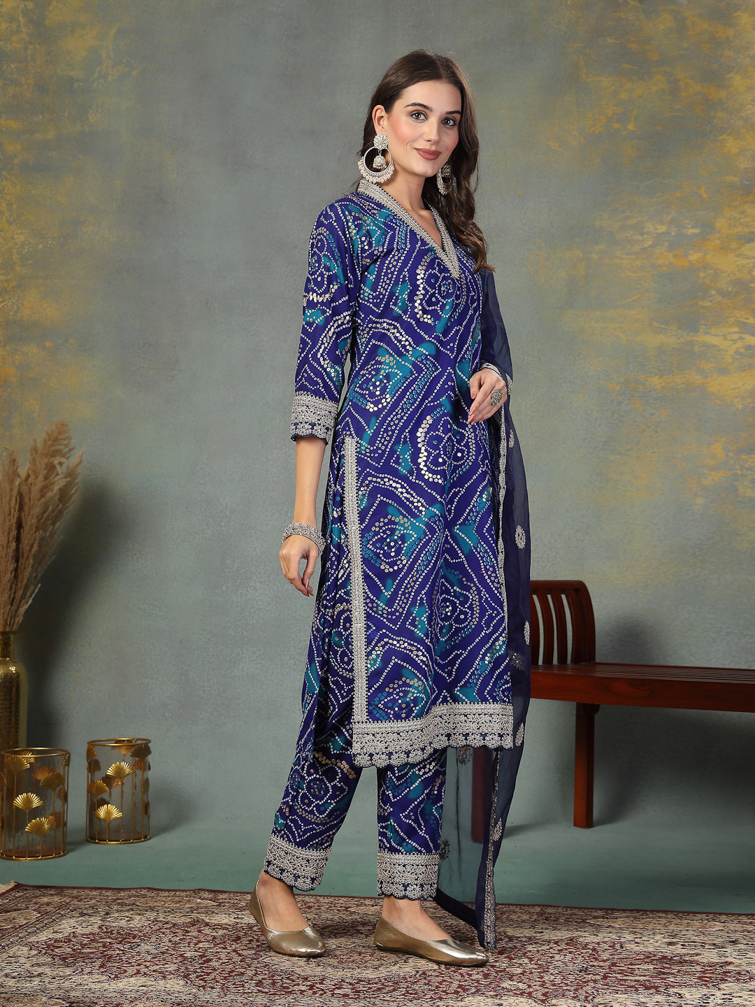 Blue Bandhani Print & Embroidered Muslin Straight Kurta Pant Dupatta Set (Pre-Order)
