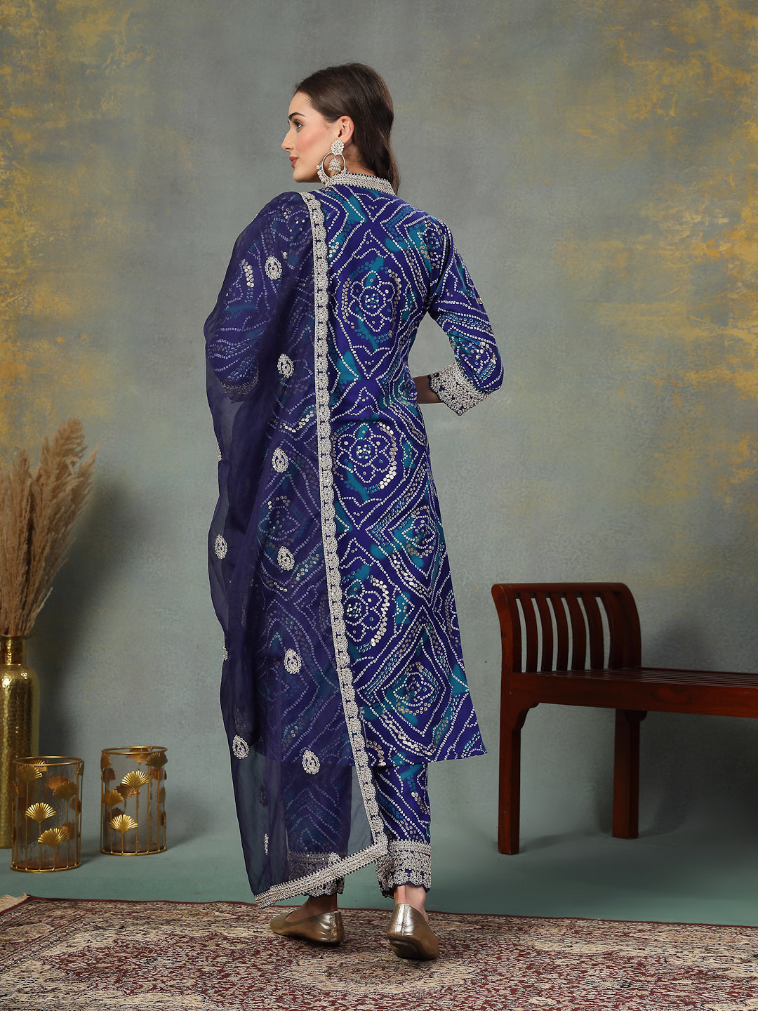 Blue Bandhani Print & Embroidered Muslin Straight Kurta Pant Dupatta Set