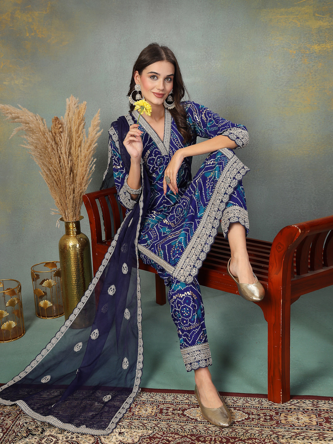 Blue Bandhani Print & Embroidered Muslin Straight Kurta Pant Dupatta Set