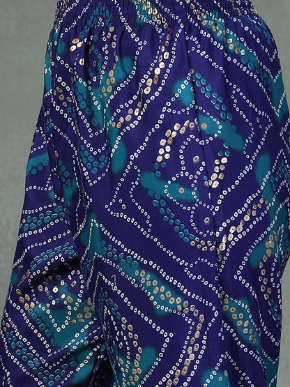 Blue Bandhani Print & Embroidered Muslin Straight Kurta Pant Dupatta Set