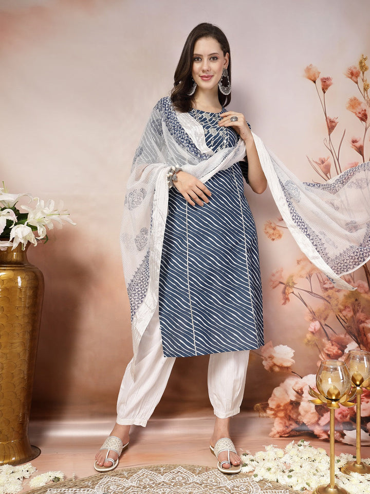 Blue Lehriya Printed &amp; Embroidered Cotton Straight Kurta Pant Dupatta Set