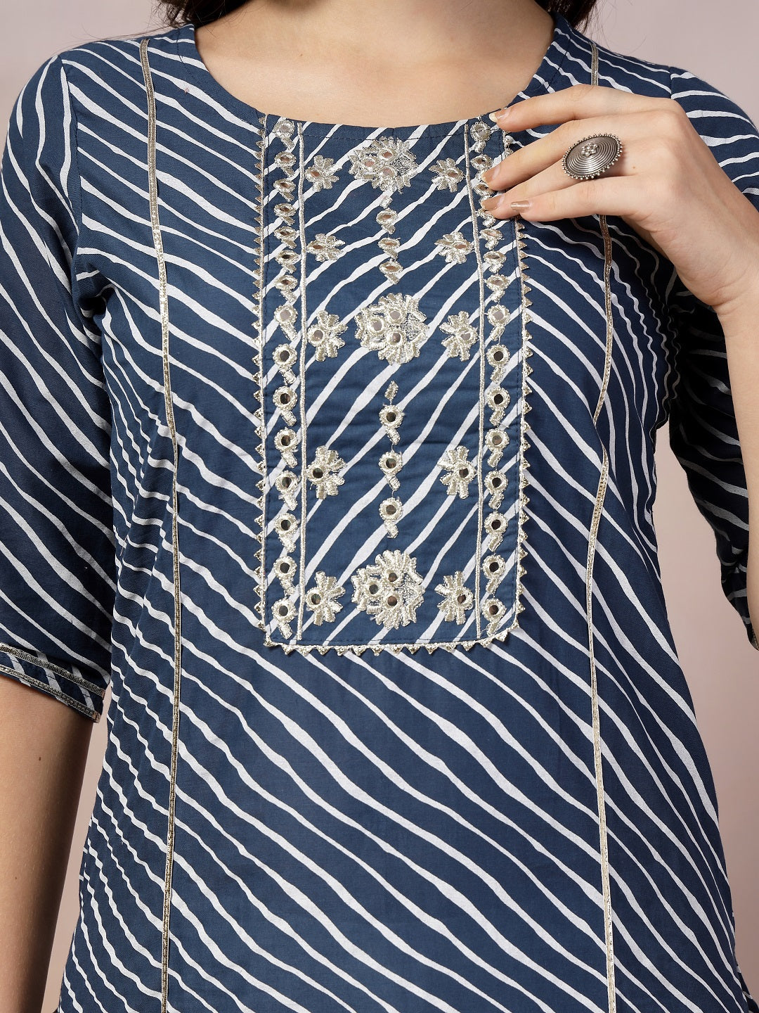 Blue Lehriya Printed & Embroidered Cotton Straight Kurta Pant Dupatta Set (Pre-Order)