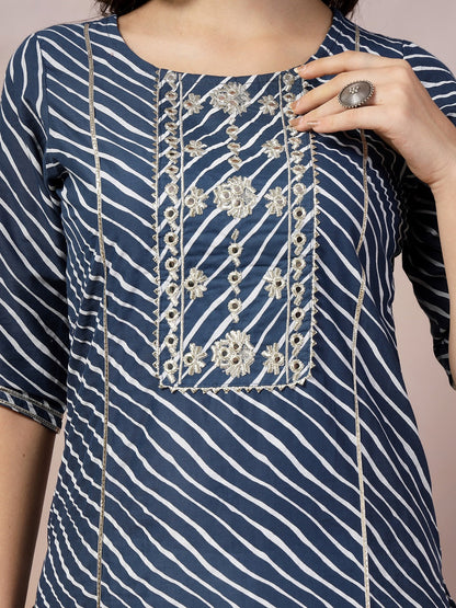 Blue Lehriya Printed & Embroidered Cotton Straight Kurta Pant Dupatta Set