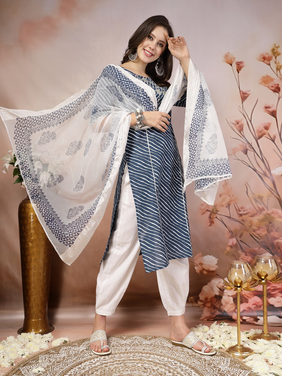Blue Lehriya Printed &amp; Embroidered Cotton Straight Kurta Pant Dupatta Set