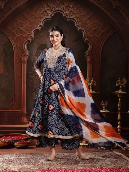 Blue Bandhej Printed & Embroidered Crepe Flared Kurta Palazzo Dupatta Set