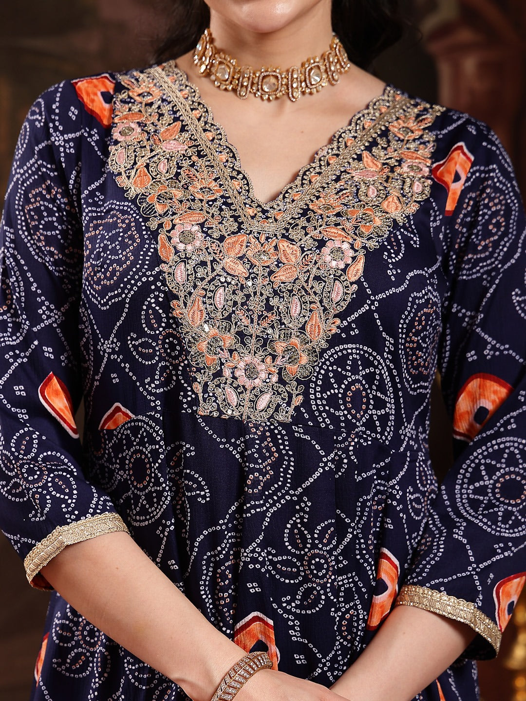 Blue Bandhej Printed & Embroidered Crepe Flared Kurta Palazzo Dupatta Set