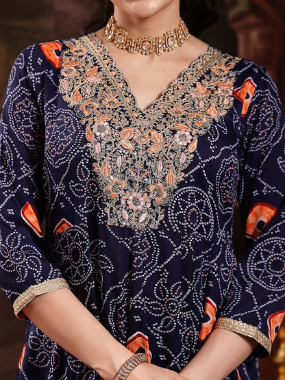Blue Bandhej Printed & Embroidered Crepe Flared Kurta Palazzo Dupatta Set