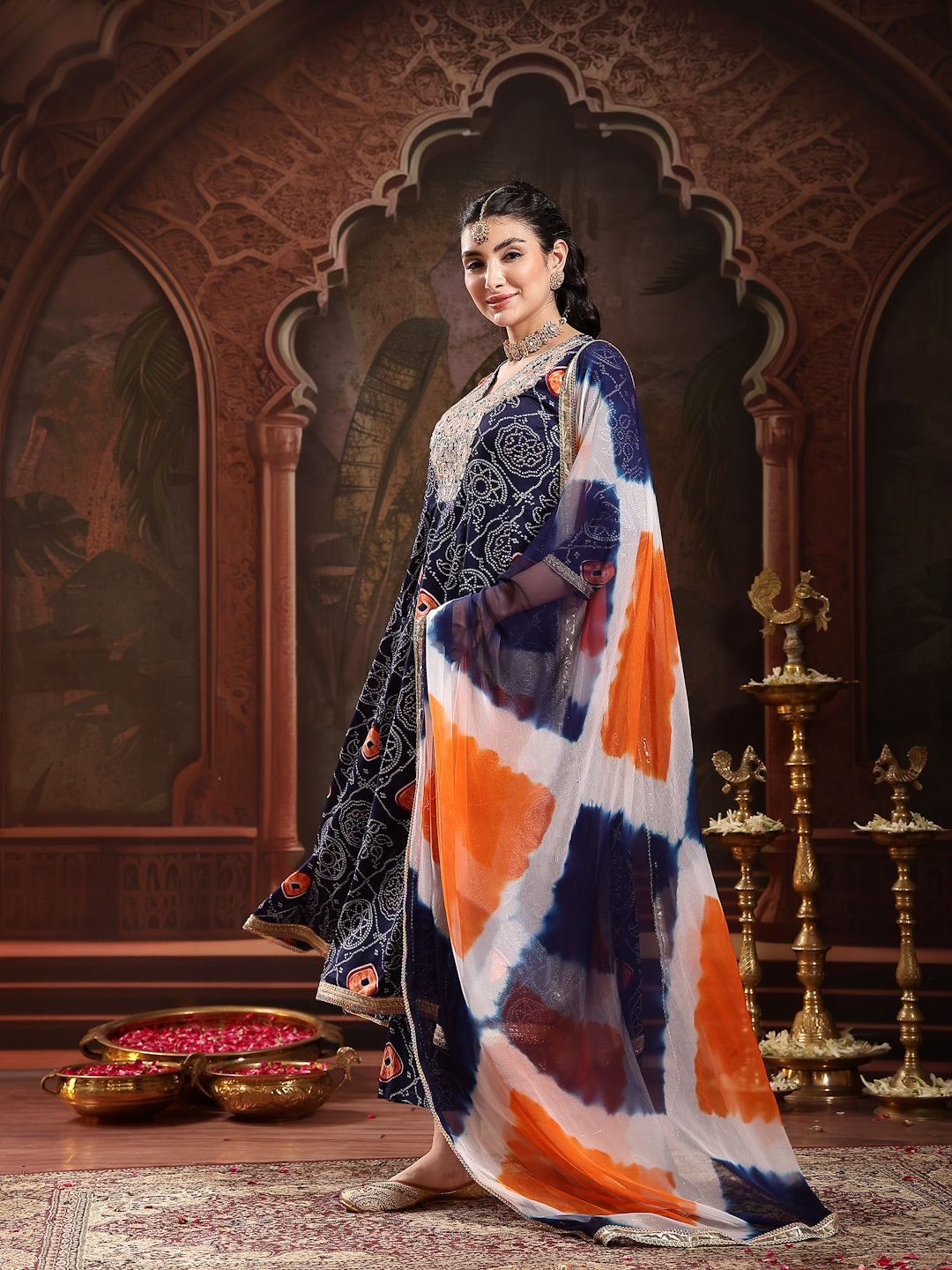 Blue Bandhej Printed & Embroidered Crepe Flared Kurta Palazzo Dupatta Set (Pre-Order)