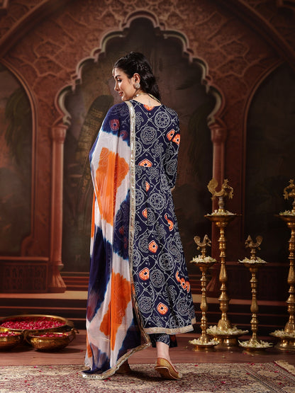 Blue Bandhej Printed & Embroidered Crepe Flared Kurta Palazzo Dupatta Set (Pre-Order)