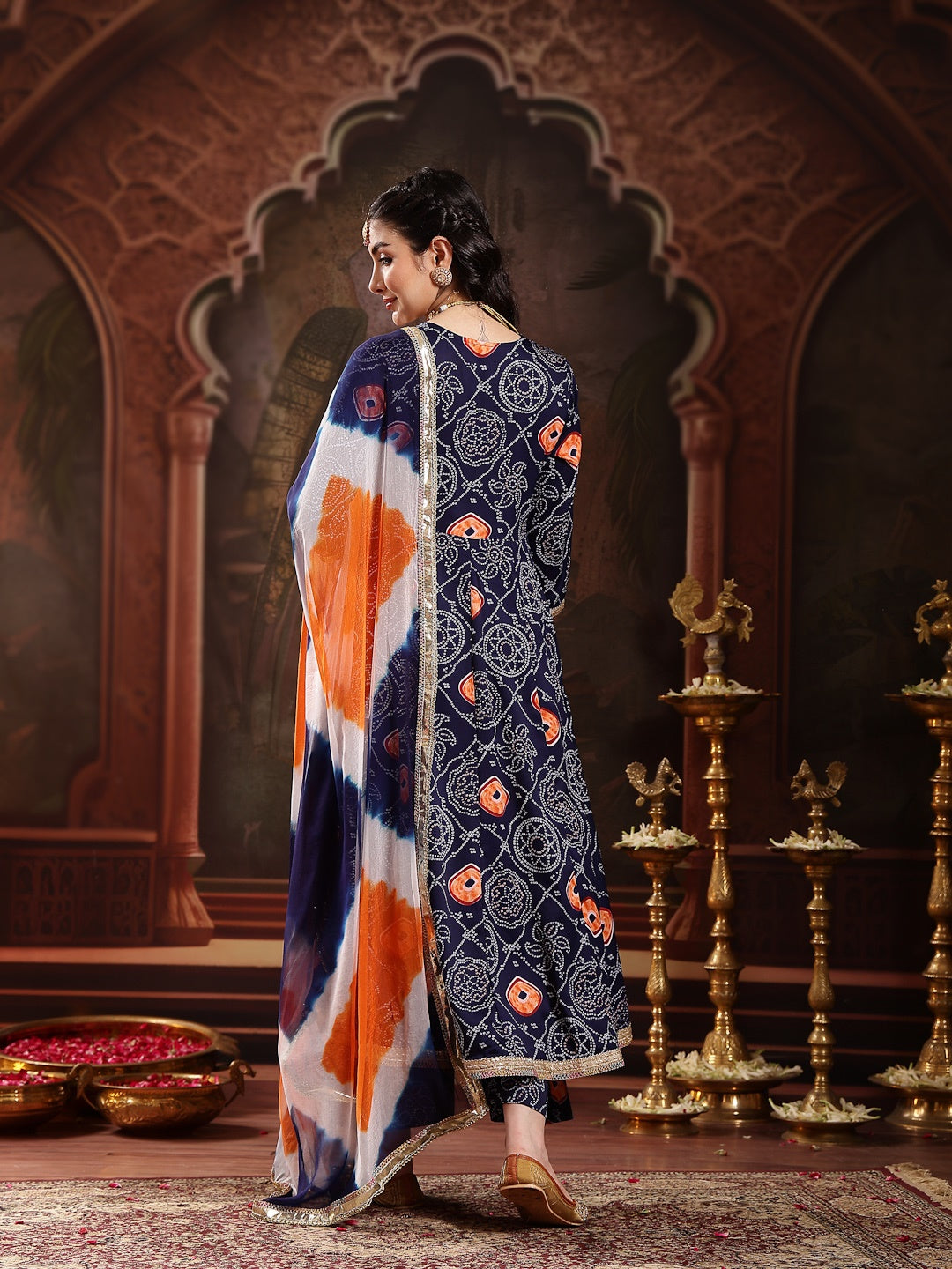 Blue Bandhej Printed & Embroidered Crepe Flared Kurta Palazzo Dupatta Set