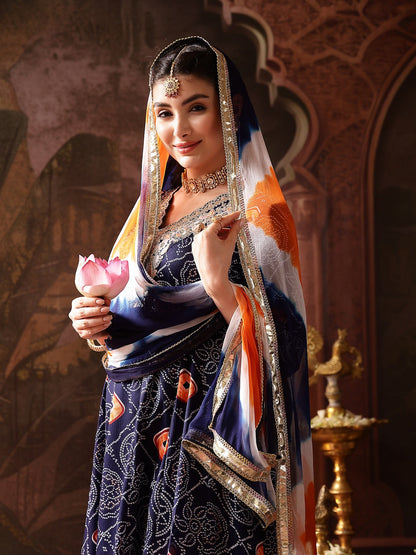Blue Bandhej Printed & Embroidered Crepe Flared Kurta Palazzo Dupatta Set (Pre-Order)