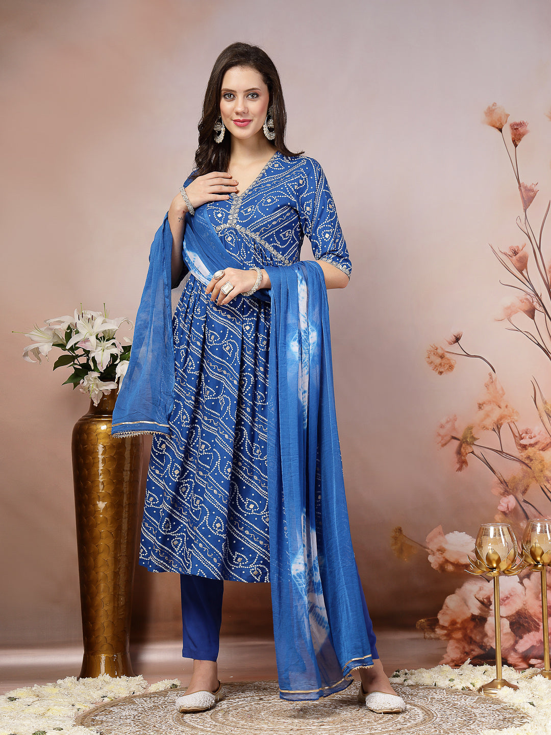 Bandhej Printed Rayon Alia Cut Kurta Pant Dupatta Set (Pre-Order)