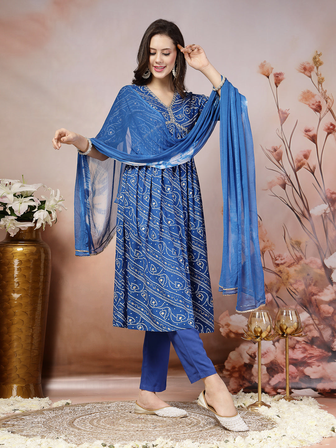 Bandhej Printed Rayon Alia Cut Kurta Pant Dupatta Set (Pre-Order)