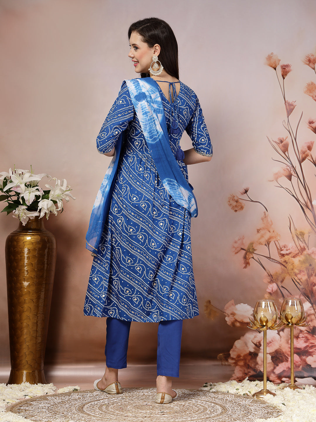 Bandhej Printed Rayon Alia Cut Kurta Pant Dupatta Set (Pre-Order)