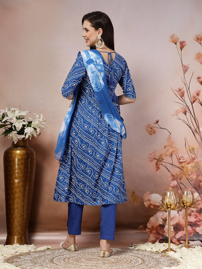 Bandhej Printed Rayon Alia Cut Kurta Pant Dupatta Set (Pre-Order)