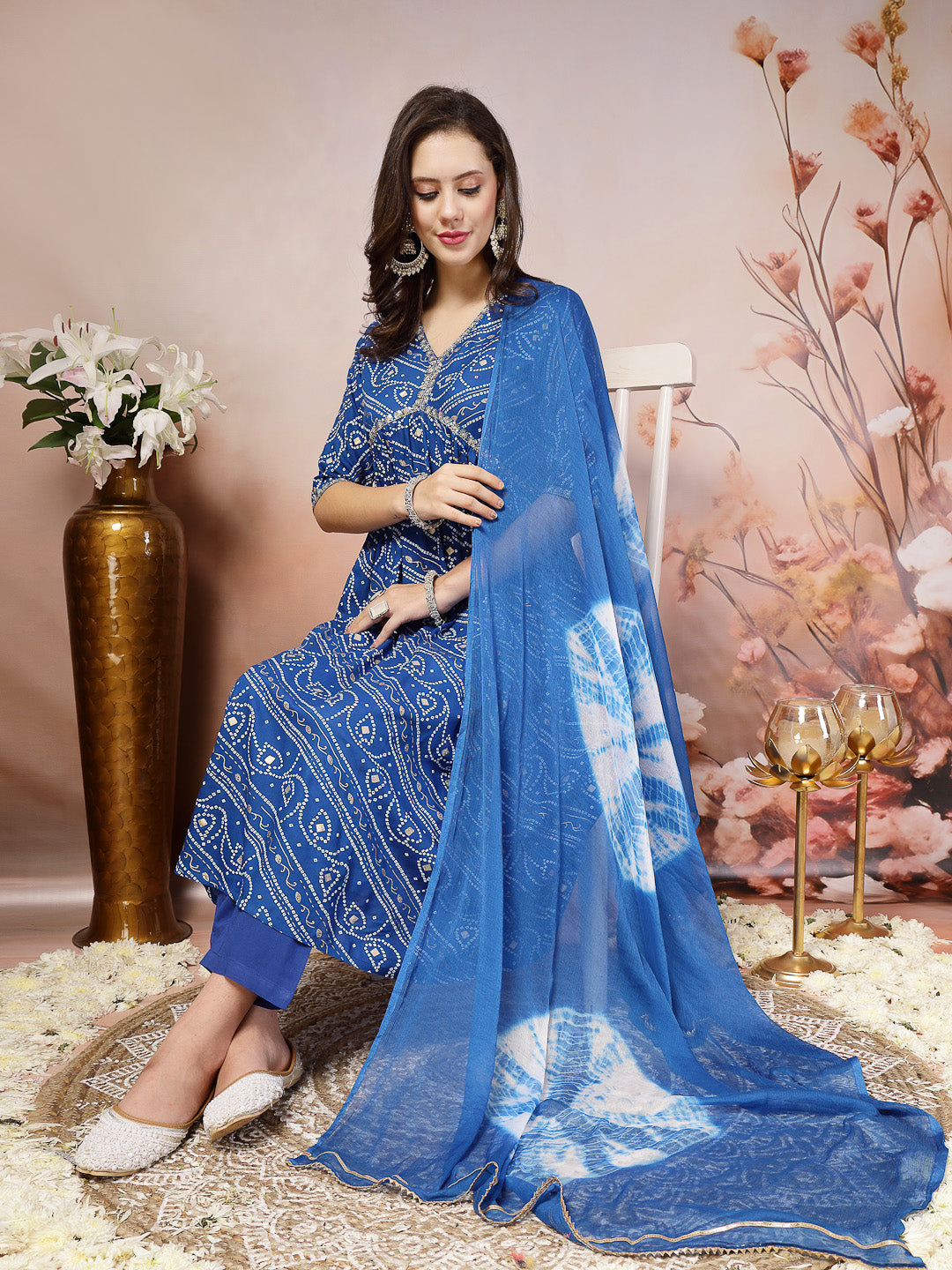 Bandhej Printed Rayon Alia Cut Kurta Pant Dupatta Set (Pre-Order)