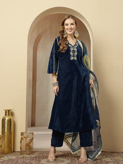 Women's Blue Solid & Embroidered Velvet A-Line Kurta Pant Dupatta Set