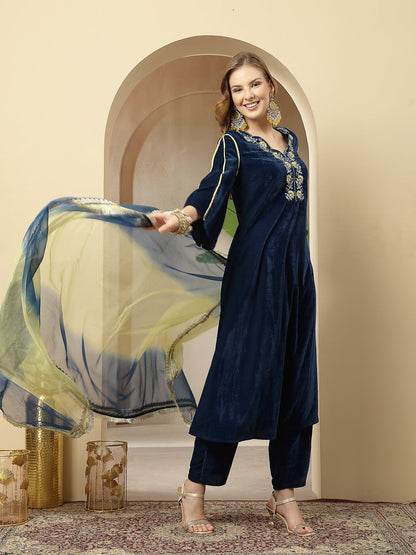Women's Blue Solid & Embroidered Velvet A-Line Kurta Pant Dupatta Set