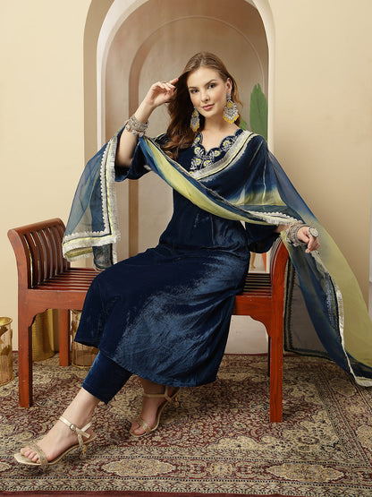 Women's Blue Solid & Embroidered Velvet A-Line Kurta Pant Dupatta Set