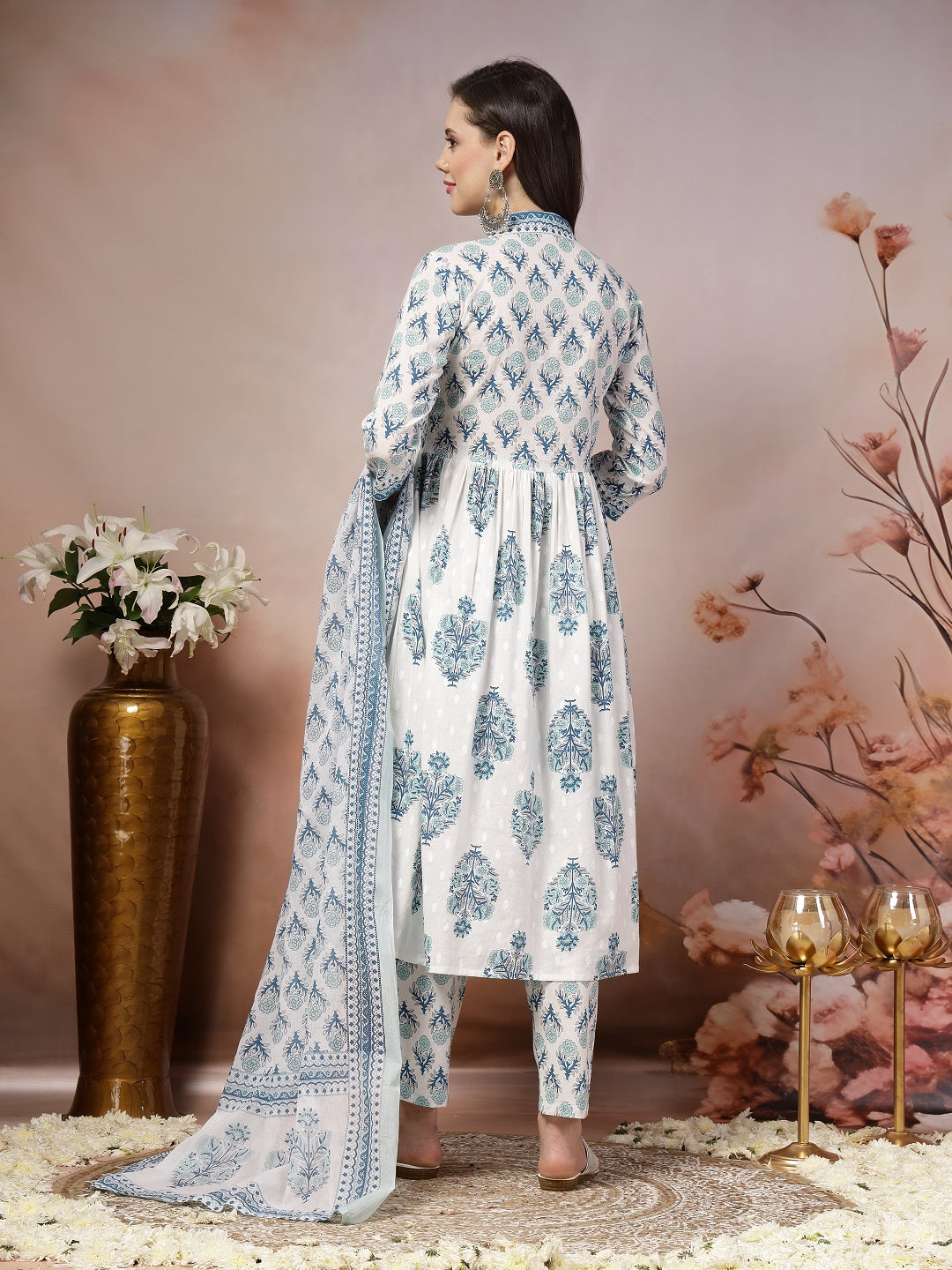 White Ethnic Motif Printed Cotton A-Line Kurta Pant Dupatta Set (Pre-Order)