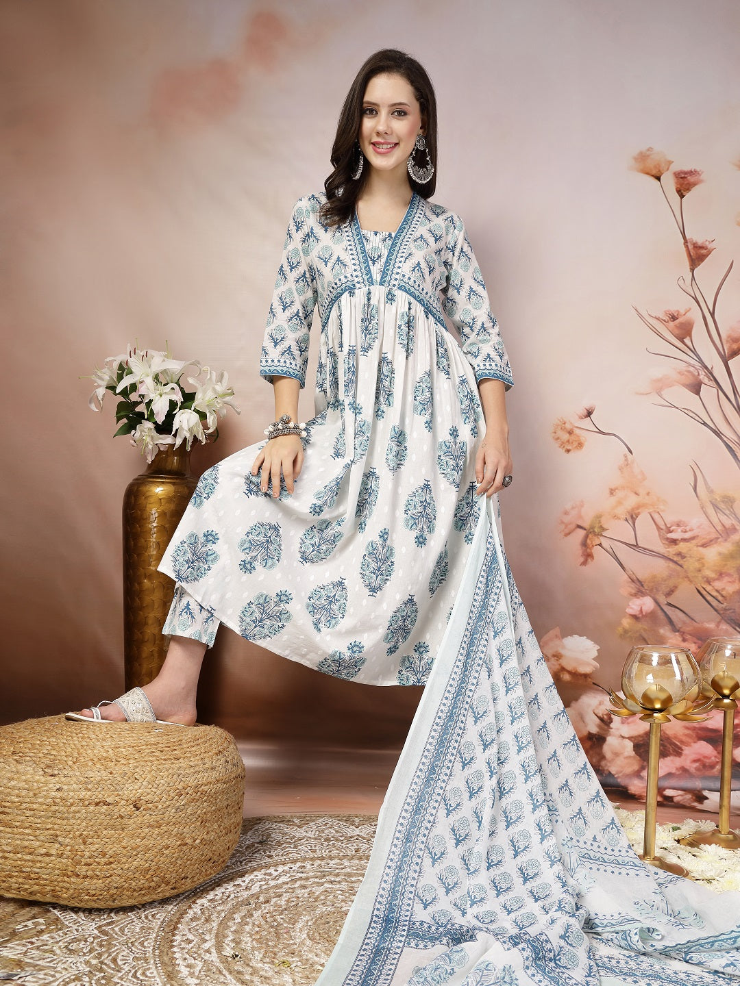 White Ethnic Motif Printed Cotton A-Line Kurta Pant Dupatta Set (Pre-Order)