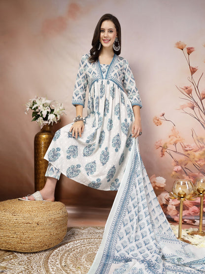 White Ethnic Motif Printed Cotton A-Line Kurta Pant Dupatta Set (Pre-Order)