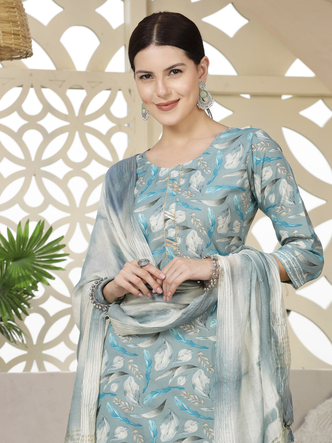 Blue Tropical Printed Cotton Blend Straight Kurta Pant Dupatta Set (Pre-Order)