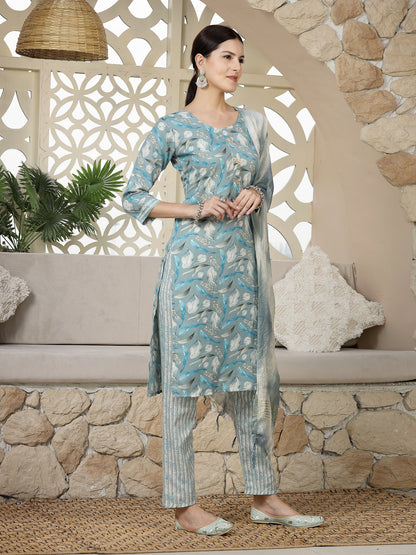 Blue Tropical Printed Cotton Blend Straight Kurta Pant Dupatta Set (Pre-Order)