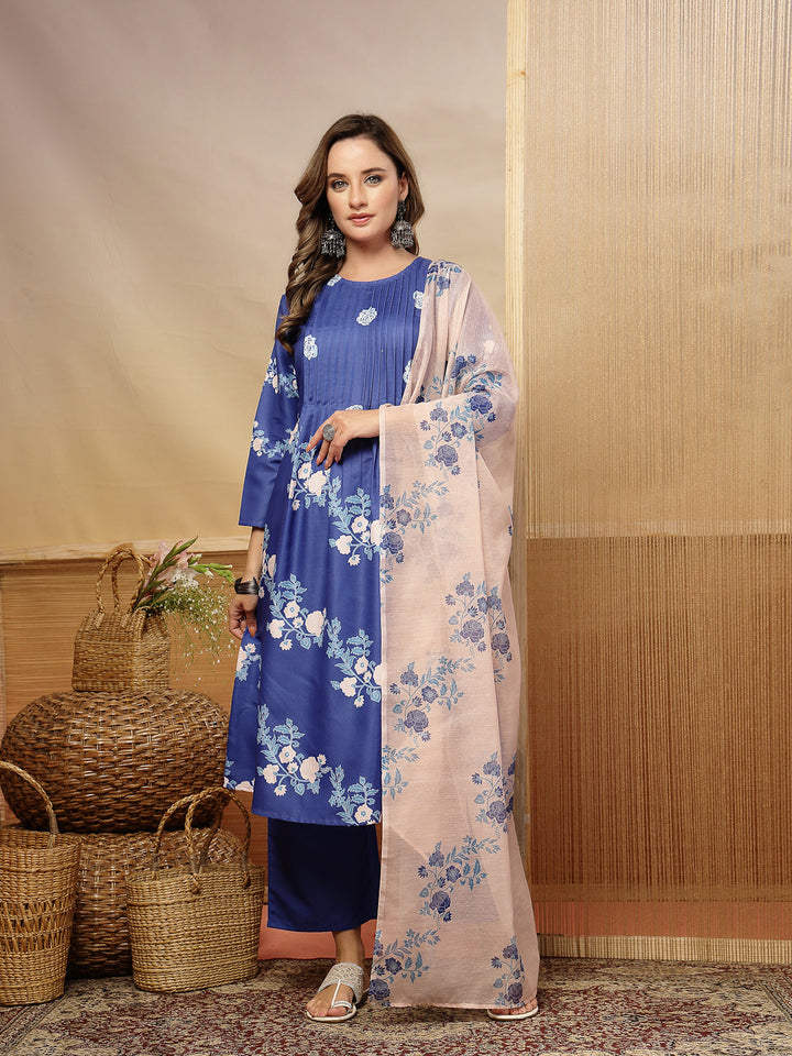 Floral Printed Rayon A-Line Kurta Pant Dupatta Set