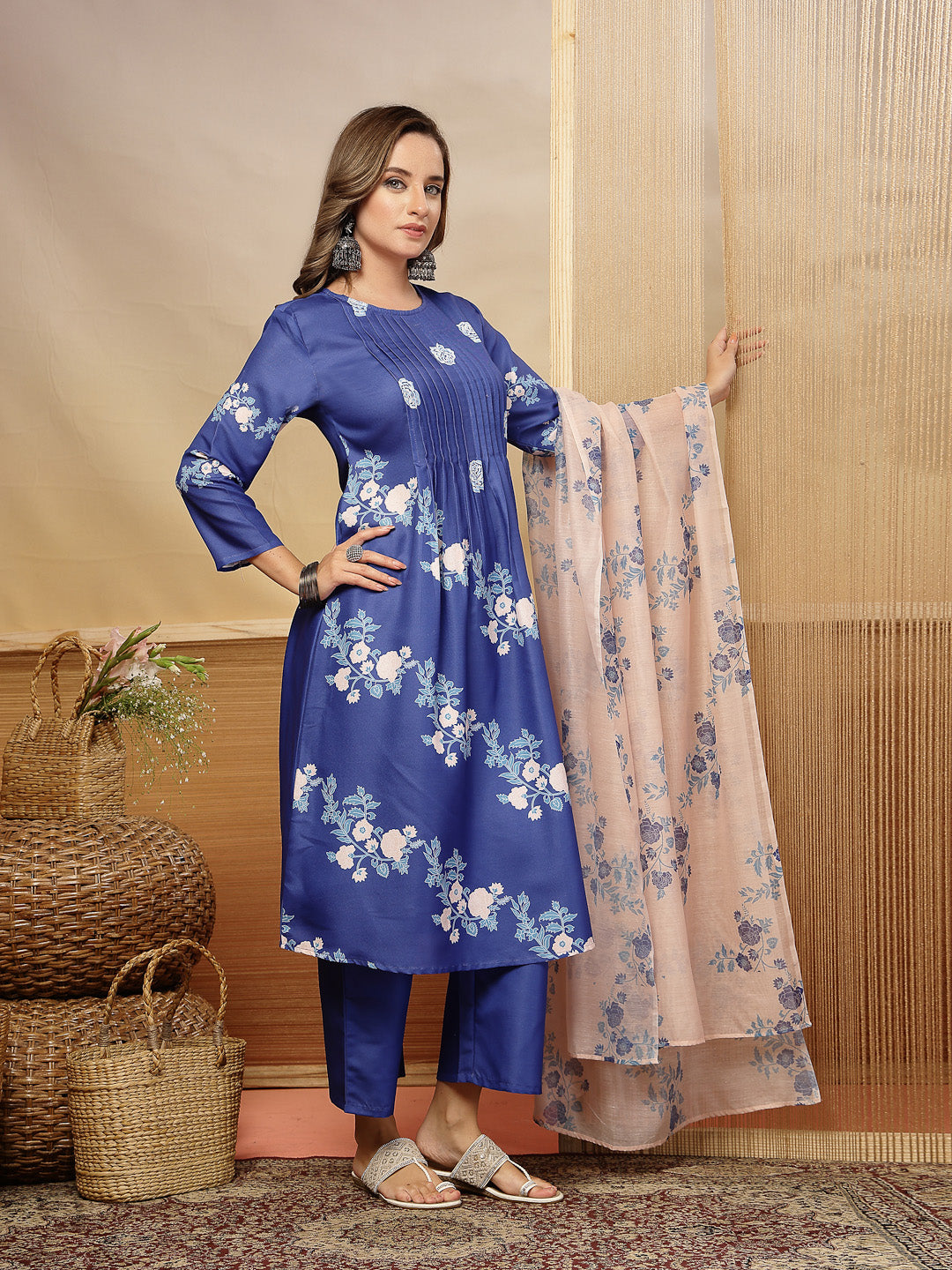 Floral Printed Rayon A-Line Kurta Pant Dupatta Set