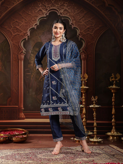 Blue Solid & Embroidered Silk Straight Kurta Pant Dupatta Set (Pre-Order)