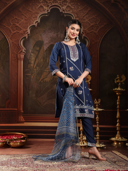 Blue Solid & Embroidered Silk Straight Kurta Pant Dupatta Set