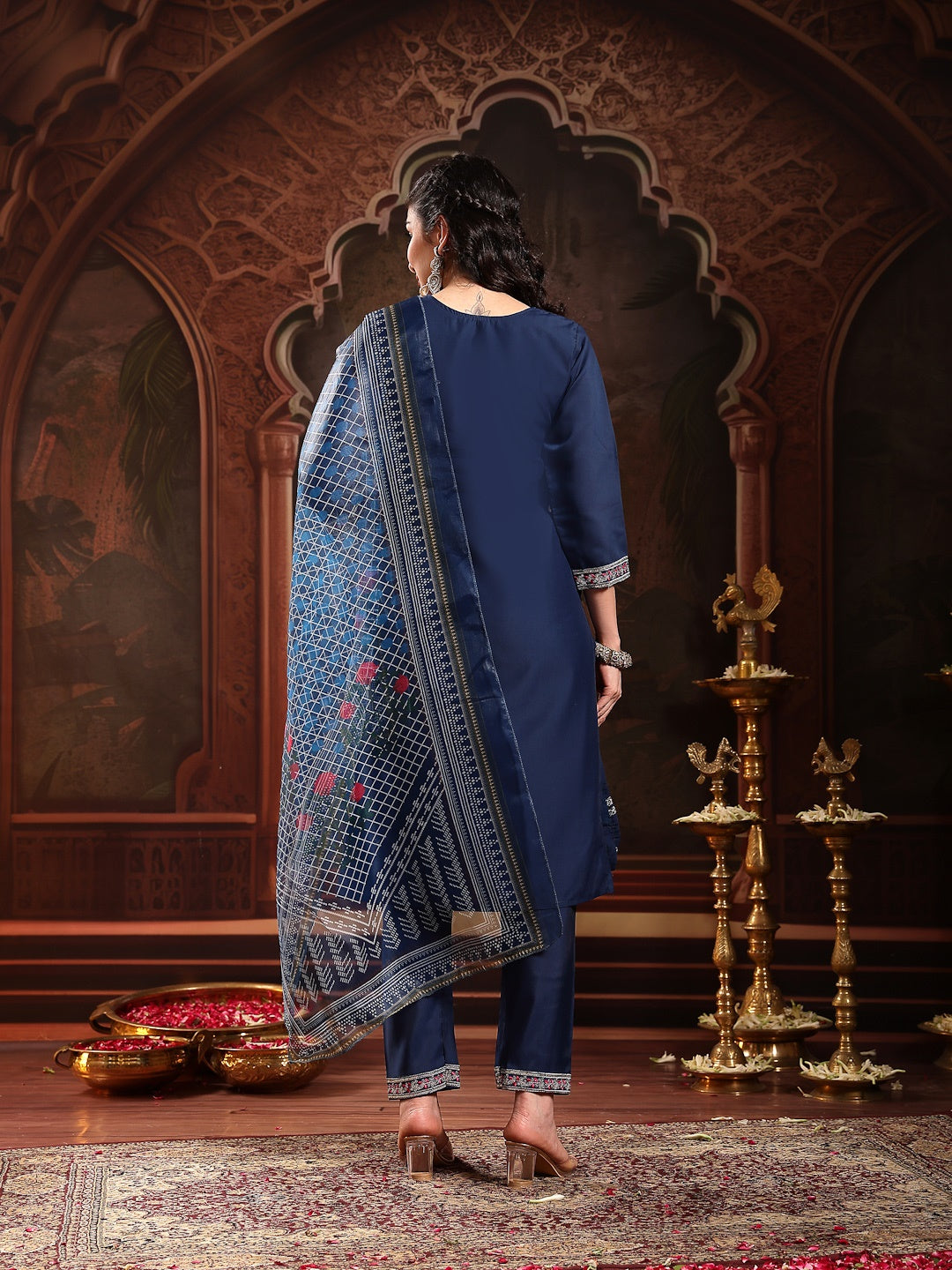 Blue Solid & Embroidered Silk Straight Kurta Pant Dupatta Set (Pre-Order)