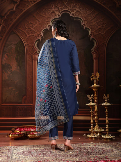 Blue Solid & Embroidered Silk Straight Kurta Pant Dupatta Set (Pre-Order)